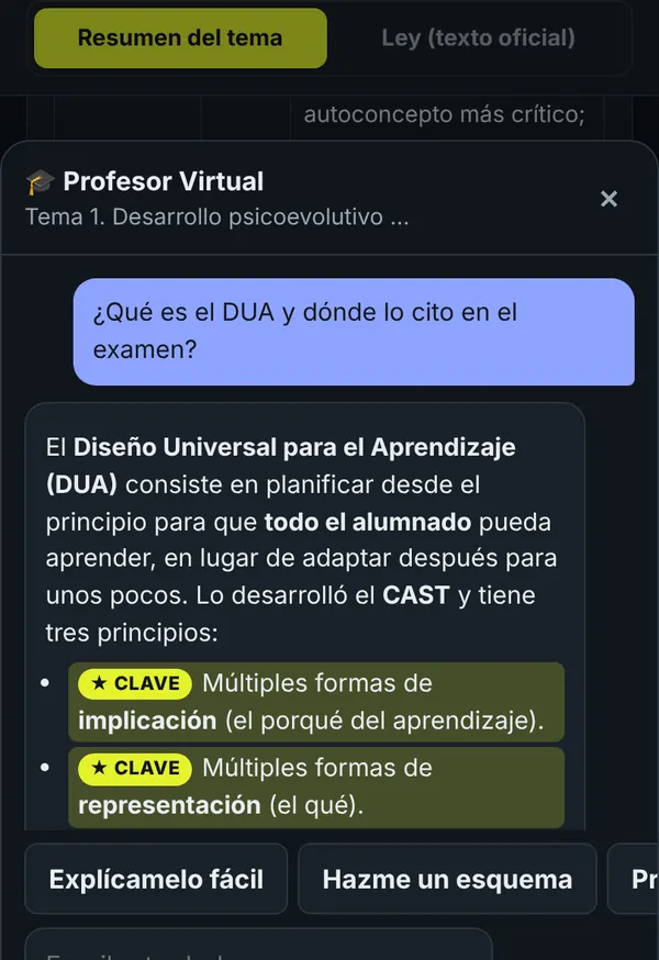 Captura del Profesor Virtual explicando una duda