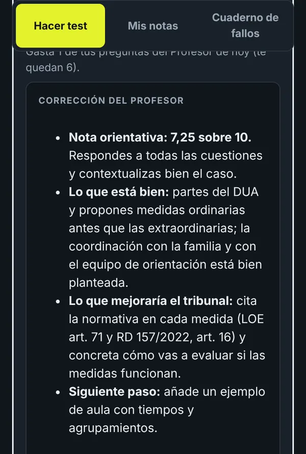 Captura de la corrección de un supuesto práctico