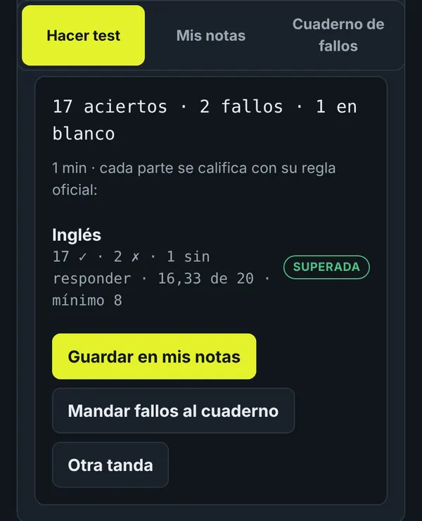 Captura de la corrección de un examen oficial